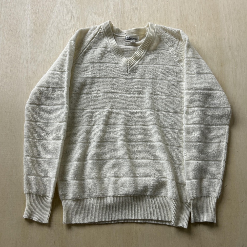 Vintage Alexxus Sweater Womens Large White V Neck Striped Tight-Knit Pullover